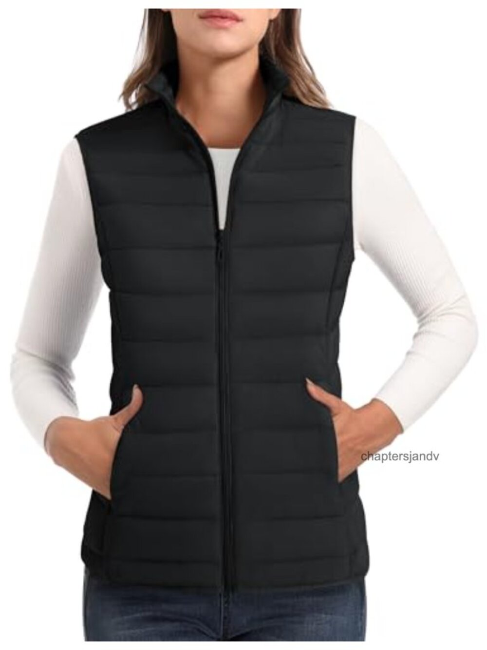 Quilted Puffer Vest Lightweight Zip 4 Pockets Stand Collar Sleeveless Outerwear